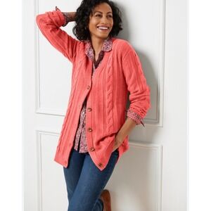 Talbots Women's Coral Cable Knit V-Neck Button Front Cardigan Sweater Small NWT